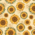 Vector seamless pattern with sunflowers on light beige background. Royalty Free Stock Photo