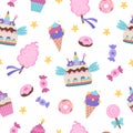 Vector seamless pattern with sweets. Cute rainbow, unicorn themed repeat background with cake, ice cream, lollypop, cotton candy,