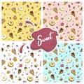 Vector seamless pattern of sweets, donuts, cakes and marmalade on a background