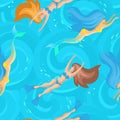 Vector seamless pattern. Swimmers and mermaids on the waves. Royalty Free Stock Photo