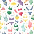 Vector seamless pattern with swimwear, hats and sunglasses. Summer accessories