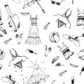 Vector seamless pattern with symbols of summer, doodle style, hand-drawn things. Umbrella, sundress, sunblock, sunglasses, hat, T- Royalty Free Stock Photo