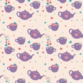 Vector seamless pattern with teapots, hearts and teacups.