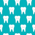 Vector seamless pattern with teeth on a blue background. Cute kawaii style