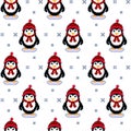 Vector seamless pattern texture with pixel art penguins and snowflakes. Winter Holidays cute vector penguins set.