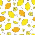 Vector seamless pattern with textured lemons, limes, seeds and slices on white background Royalty Free Stock Photo