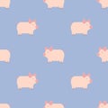 Vector seamless pattern with textured pink pigs on blue background