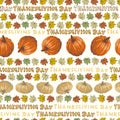 Vector seamless pattern. Thanksgiving day, different kind of pumpkins, colorful lines leaves and wood lettering, hand Royalty Free Stock Photo