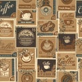 Seamless pattern with postage stamps on coffee theme Royalty Free Stock Photo