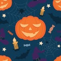 Vector seamless pattern on the theme of Halloween. Flat illustration with pumpkins, candles, candy, cobwebs, bats and a hat on a