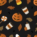 Vector seamless pattern on the theme of halloween with pumpkins, candles, lollipops, sweets and autumn foliage