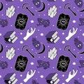 Vector seamless pattern on the theme of magic, mysticism, witchcraft, halloween, esoteric. flat style pattern with magic items