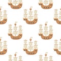 Vector seamless pattern on the theme of sea travel with sailing ships. Sea objects on background in retro style Royalty Free Stock Photo