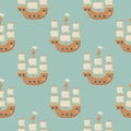 Vector seamless pattern on the theme of sea travel with sailing ships. Sea objects on background in retro style Royalty Free Stock Photo