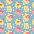 Vector seamless pattern on the theme of Valentine`s Day with envelopes, cards and hearts on a blue background. pattern for printin