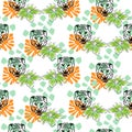 Vector seamless pattern with tiger heads and flowers on white dotted background. Fabric design for tshirts and blouses.