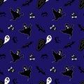 Vector seamless pattern to Halloween. Black silhouettes on a orange background. Pattern for wallpaper, backgrounds and decor