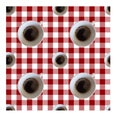 Vector seamless pattern with top veiw cup of coffee on a vichy table cloth