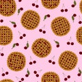Vector seamless pattern. Top view cherry pie isolated on pink.