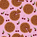 Vector seamless pattern. Top view cherry pies isolated on pink.