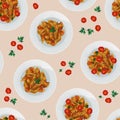 Vector seamless pattern of top view of conchiglie pasta in sauce and herbs with tomatoes and parsley in white plate