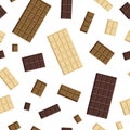 Vector seamless pattern of top view of white, milk and dark chocolate bars and pieces isolated on white Royalty Free Stock Photo