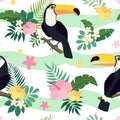 Vector seamless pattern with toucan birds on tropical branches with leaves and flowers