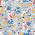 Vector seamless pattern with toys. Blue background.