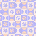 Vector seamless pattern of traces of cat paws on a chessboard and semicircles. Lilac, violet, yellow, orange colors