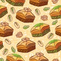 Vector seamless pattern with traditional middle eastern dessert Baklava with pistachio and walnut. Royalty Free Stock Photo