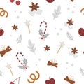 Vector seamless pattern with traditional winter spices and fruit. Holiday seasonal Christmas treats