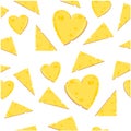 Vector seamless pattern on a transparent background, consisting of cheese in the shape of hearts and triangles. Royalty Free Stock Photo