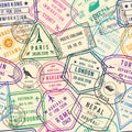 Vector seamless pattern of travel illustrations with stamps, visa and different documents for traveling Royalty Free Stock Photo