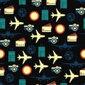 Vector seamless pattern of travelling on airplane. Tourism background Royalty Free Stock Photo