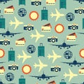 Vector seamless pattern of travelling on airplane. Tourism background