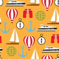 Vector seamless pattern of travelling on pleasure boat. Tourism color background