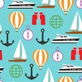 Vector seamless pattern of travelling on pleasure boat. Tourism color background