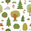 Vector seamless pattern with trees, plants, shrubs, bushes, mushrooms. Flat autumn forest repeating background. Cute digital paper Royalty Free Stock Photo