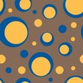 Vector seamless pattern. Trendy tones color of Fashion Spring Summer 2022. Blue and yellow circles on brown Coca Mocha background