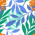 Vector seamless pattern with tropical leaves, palm, monstera, jungle in blue, green, orange colors Royalty Free Stock Photo