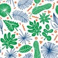 Vector seamless pattern with tropical leaves and nature