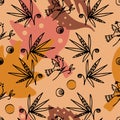 Seamless pattern with tropical leaves in warm autumn colors, freehand drawing, contour floral background in doodle style Royalty Free Stock Photo