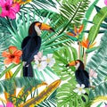 Vector seamless pattern with tropical palm leaves, flowers and bird toucan. Summer design for fashion textile prints
