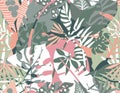 Vector seamless pattern with tropical plants and hand drawn abstract textures