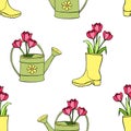 Vector seamless pattern with tulip flowers in rubber rain boots, watering cans. Hand drawn doodle cute bright texture