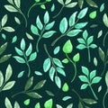 Vector seamless pattern, twigs and leaves green and light green in watercolor on a dark green background Royalty Free Stock Photo