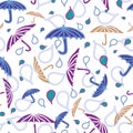 Vector seamless pattern with umbrellas and rain drops in all directions. Royalty Free Stock Photo