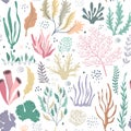 Vector seamless pattern with underwater ocean coral reef plants