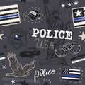 Vector seamless pattern with USA police flag, handcuffs, Statue of Liberty, lettering, stars and police car. Royalty Free Stock Photo