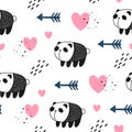 Vector seamless pattern for Valentine`s day. Cute panda. Hand drawn style. Cartoon style